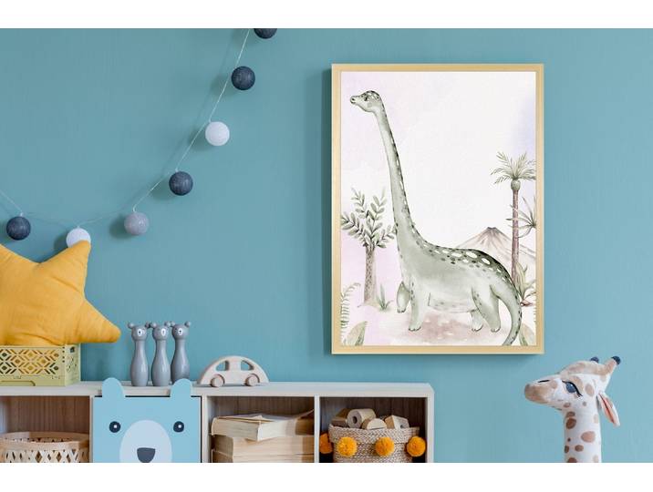 Bild mit Rahmen QUEENCE Dino und Vulkan , grün (farbe rahmen: natur, braun, beige, farbe bild(er): grün), B:50cm H:70cm T:1,5cm, Holz, Plexiglas, Bilder, Bild mit Rahmen, HD Premium Posterdruck mit Echtholzrahmen