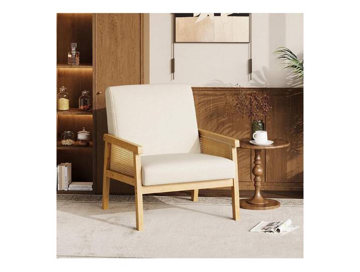 LuxusKollektion Loungesessel Sessel Rattanseiten Holzgestell Gepolstert Armlehnen Leinen Beige