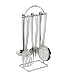 Lagostina Grancucina Cooking Spoon Holder with 6 Stainless Steel Accessories with Stand, Kochbesteck, Silber