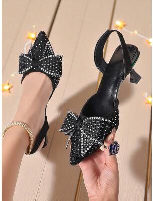 LightInthebox Women's Rhinestone Bow Slingback Heels - Sparkly Pointed Toe Party Shoes for Nightlife, Clubs and Cocktail Events