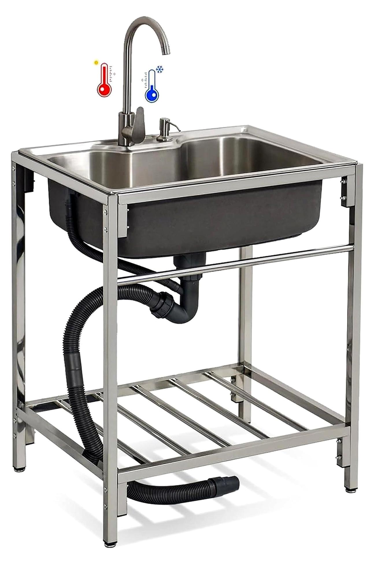 Freistehende Edelstahlspüle für gewerbliche Nutzung, Küchenspüle mit Wasserhahn für Restaurant, Café, Bar, Hotel, Garage, Waschküche und Außenbereich