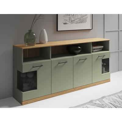 Sideboard OTTO HOME "Ribe,180cm breit,80cm hoch, 9 Fächer", grün (salbei, eiche), B:180cm H:80cm T:35cm, Sideboards, Sideboard, Oberplatte Eiche massiv,schwarze Metall Griffe,2 Türen mit Glaseinsatz