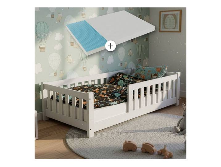 Juskys Kinderbett Naya, 90x200 cm Bodenbett, Holz, mit Matratze, Rausfallschutz & Lattenrost
