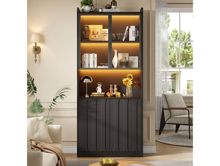 Vitrine de rangement - Vitrine LED 80 x 35 x 200 cm armoire haute avec portes vitrées vitrine haute vitrée Noir