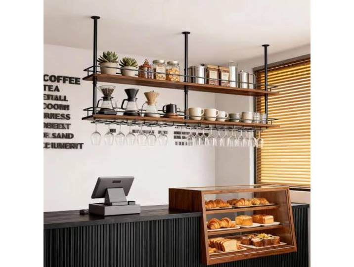 Deckenmontiertes Weinregal für Bar Café, schwebende Dekorationen Regale Küchentopf- und Pfannenständer mit Glashalter, 2-stufiger Blumenständer für Aufhängen(150x30x80cm)