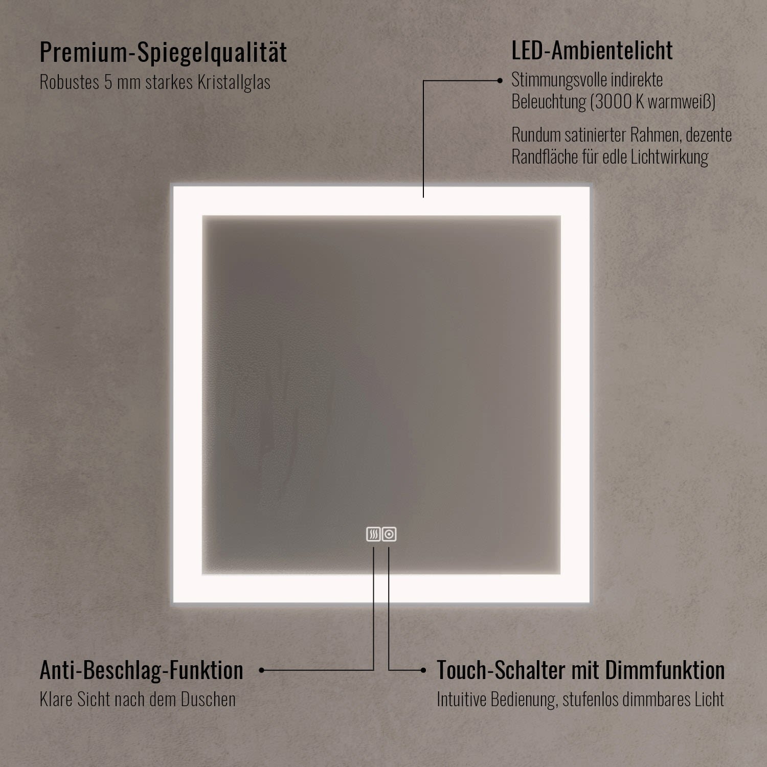 Kronenbach Day Badspiegel 70 x 70 cm mit LED-Beleuchtung und Dimmfunktion, Spiegel, UD707079KBDNLED,