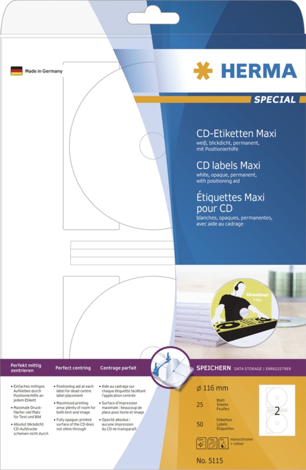 Herma 5115 CD-Etiketten 1.6x1.6 cm (25 Blatt (50 Etiketten))