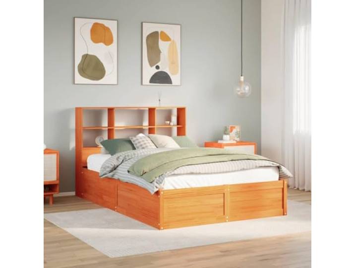 WDGJJFECNMUEHI Massives Kiefernholz Stabil Bettgestell 150x200 cm Braun Massivholzbett ohne Matratze Wachsbraun 150x200 cm Kiefernholz Bettgestell mit Regal Kopfteil Stauraum Stabil