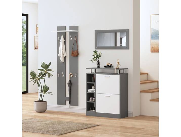 Ensemble porte-manteau mural avec miroir 2 panneaux muraux 1 étagère et meuble à chaussures Meuble d'entrée porte-manteau