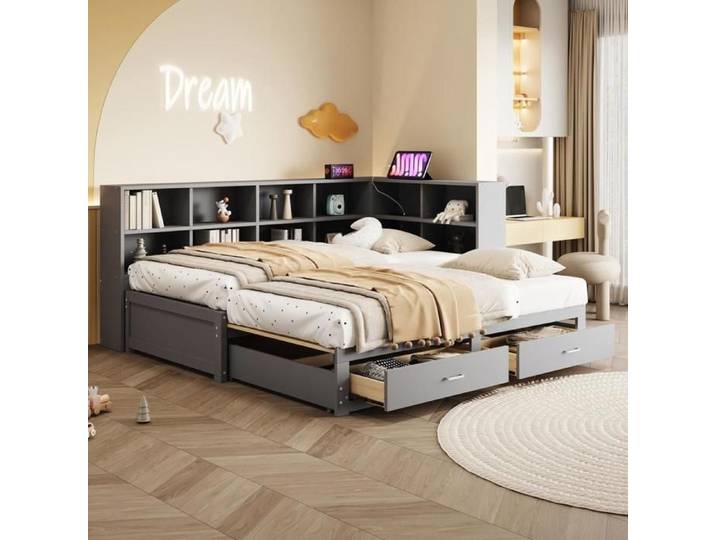 Canapé-lit - KOMHTOM - 90x190/180x190 extensible - Bois massif - Rangements & tiroirs - Électrique