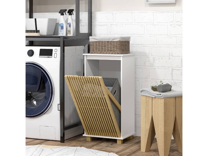 HOMCOM Meuble Salle de Bain Bambou avec Panier à Linge Blanc