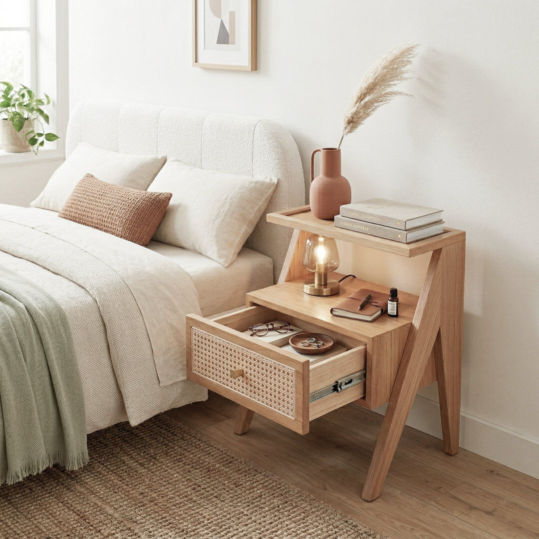 Bloomsbury Market Mina Rattan 1 Drawer Wooden Bedside Cabinet - Natural Effect Natural 51cm H X 45cm W X 36cm D