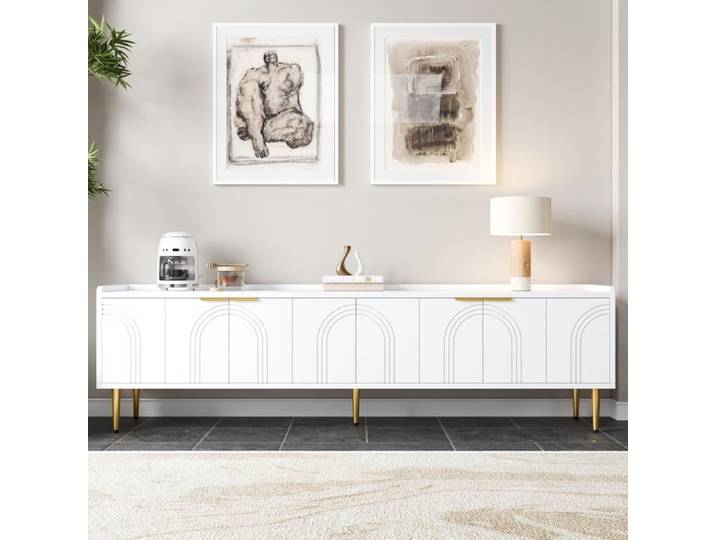 Meuble TV blanc 170x35x47 5 cm MDF porte texturée poignées et pieds dorés