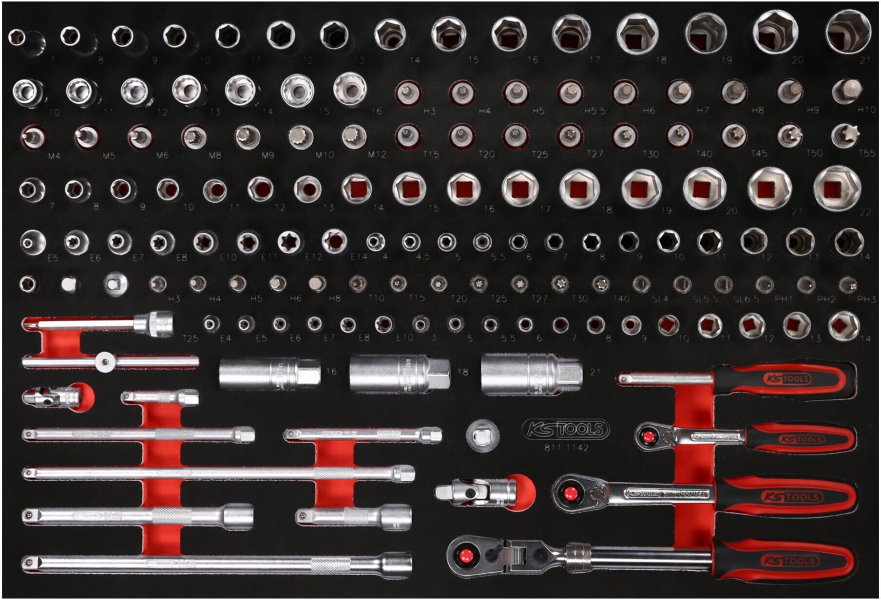 KS Tools 1/4" + 3/8" Steckschlüssel-Satz in Schaumstoffeinlage, 142-tlg (811.1142)