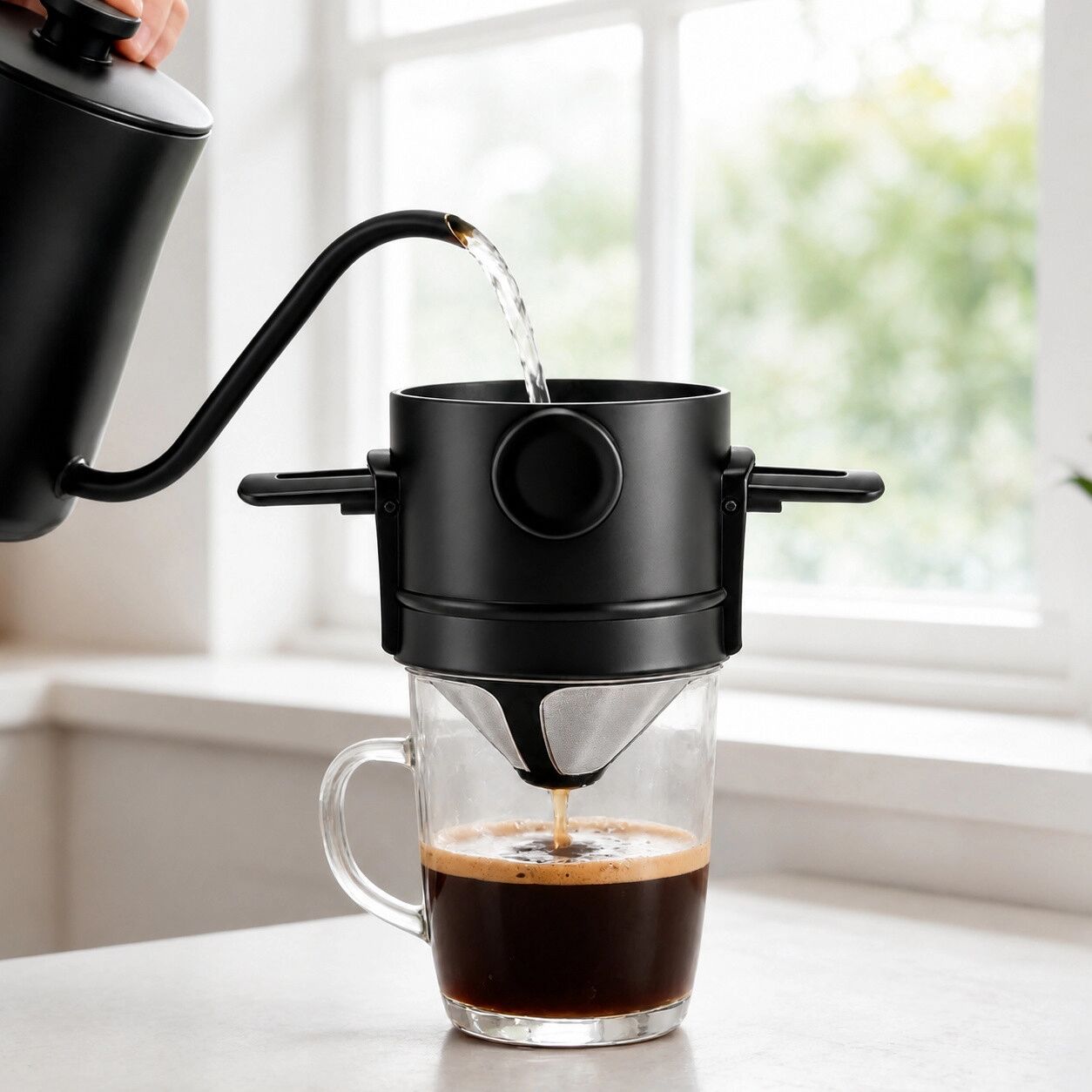 INF Wiederverwendbarer Edelstahl-Pour-over-Kaffeefilter, papierlos, faltbar und doppellagig