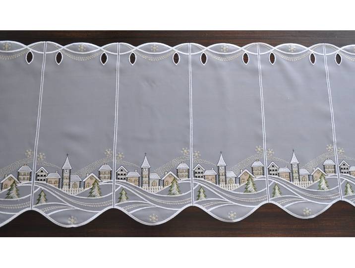 Panneaux STICKEREIEN PLAUEN Weihnachtsdorf Gr. 4, bunt (weiß, schwarz, beige), B:193cm H:40cm, Polyester, Gardinen, Panneaux, Kurzgardine Weihnachtsdorf