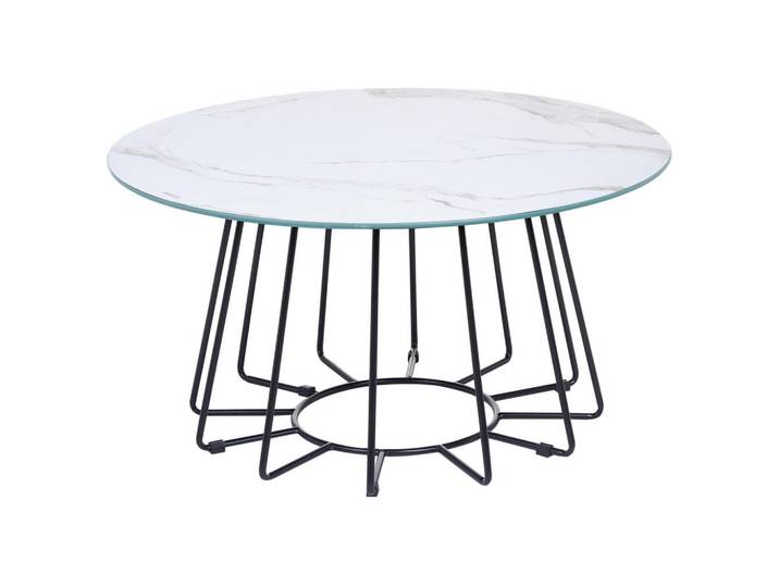 Beliani Couchtisch Marmor Optik weiß/schwarz 80 cm Bernie, Weiß, Schwarz, Glas, 16x40x40 cm, Wohnzimmer, Wohnzimmertische, Couchtische