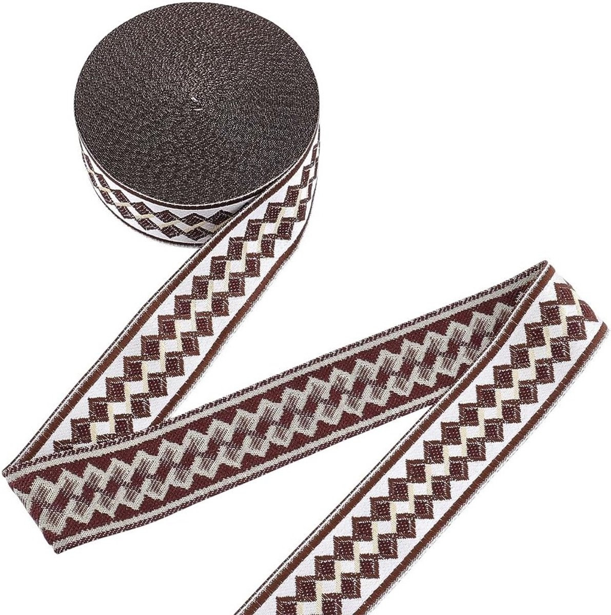 Jacquard lint met geometrisch diamantpatroon en borduurrand, 35 mm breed, koffiekleur