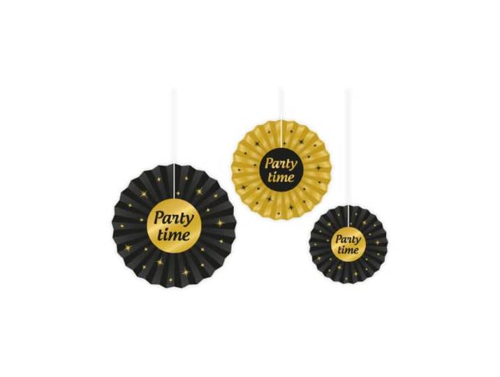 PD-Party - Party Time Papieren Fans voor Verjaardag - Verjaardagsdecoratie - Party Time Decoratie - Zwart Goud Decoratie - Feestdecoratie - Feestvarken & Meisje - Verjaardagswaaier - Pack van 3