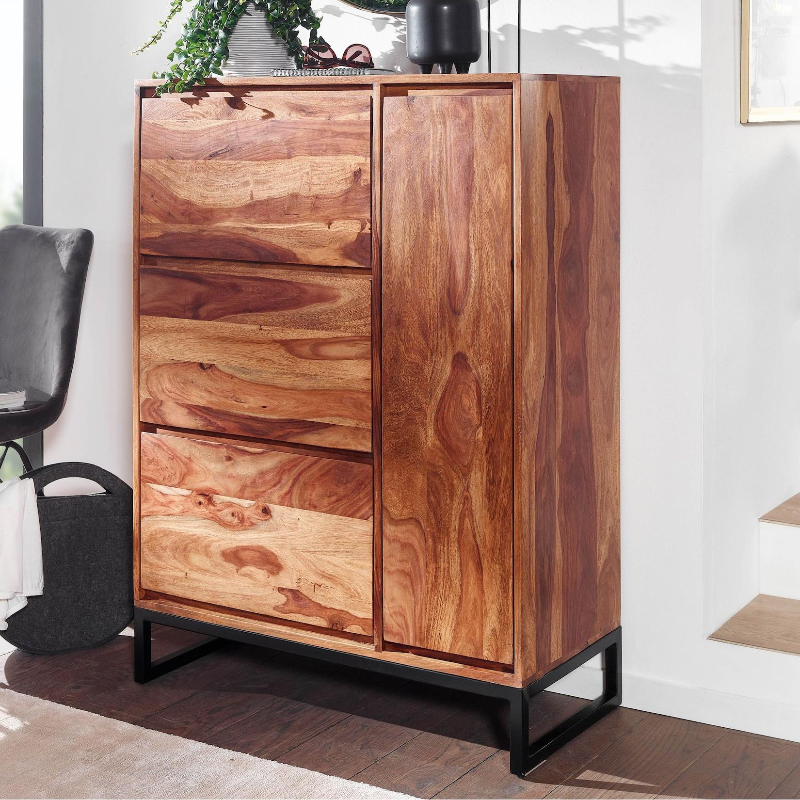 Massivholz Schuhschrank 90cm Sheesham Schuhkipper Schuhkommode für Garderobe Flur Schuhregal