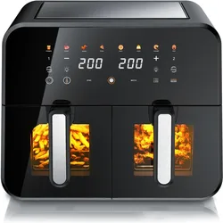 Arendo Heissluftfritteuse Dual Zone 11 L, 2 Kammern nebeneinander, 2600 W, 80–200 °C, inkl Zubehör, XXL, Fritteuse, Schwarz