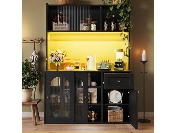 Bladez – Buffet de cuisine Meubles de cuisine avec éclairage LED étagères réglables et tiroirs + 5 portes Design classique Noir