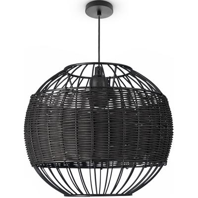 PACO HOME Pendelleuchte "PUGLO", schwarz, Ø 30cm H: 178cm, Leuchten, Rattan Pendelleuchte Korb Lampe LED Rund Esstischlampe E27 Boho, Pendelleuchte