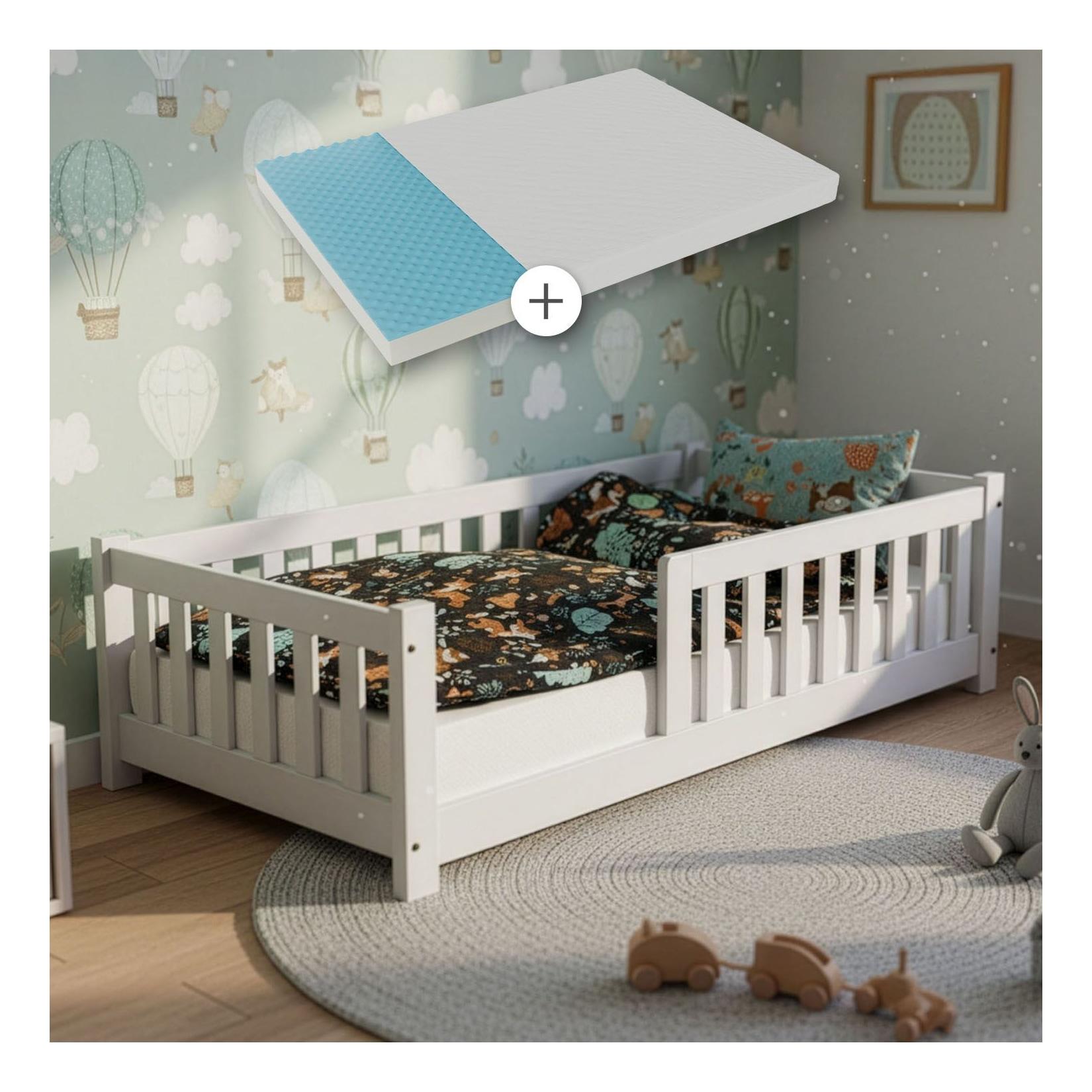 Juskys Kinderbett Naya 80x160 cm - Bett mit Matratze, Rausfallschutz & Lattenrost - Bodenbett Weiß