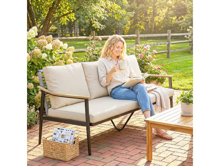 Outsunny Canapé 3 Places Rotin Kaki avec Coussins Amovibles