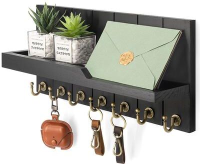 Perfect Picks Market Rustic Wall Key Holder With Shelf & Hooks Entryway Mail Organizer black