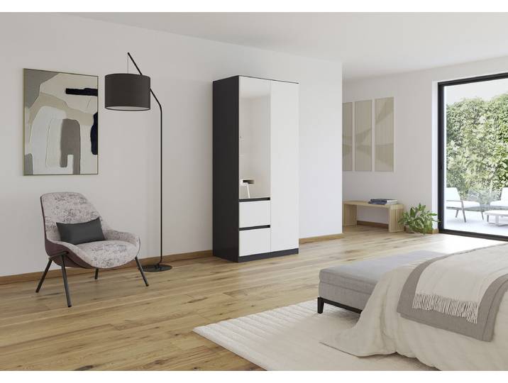 Drehtürenschrank Mainz 91cm Grau/Weiß/Alpinweiß/Graumetallic Comfort mit Spiegeltür/-en