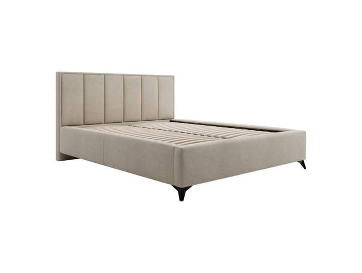 Lit coffre 120x200 cm sommier relevable 36 lattes tête de lit tapissée tissu beige Lara Excellent Home