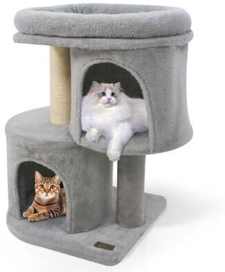 Costway 26 Inch Cat Tower with Large Padded Push Perch and Dual Condos-Light Gray
