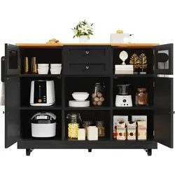 OKWISH Kücheninsel Servierwagen Schwarz 140x70x94 cm mit klappbarer Tischplatte, 2 Schubladen, verstellbaren Einlegeböden, Handtuchhalter und Rollen