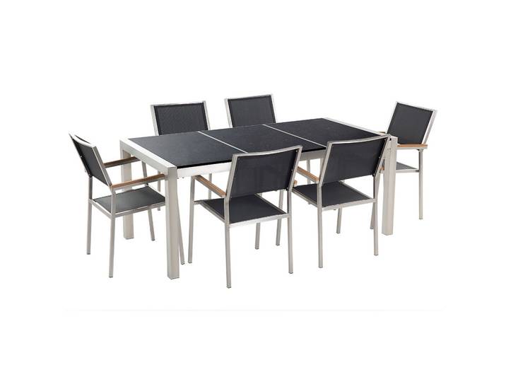 GARTENMÖBEL SET 6-Sitzer Granit schwarz poliert Textilbespannung Grosseto