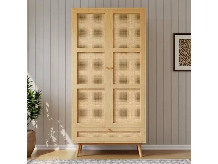 FAYICIC Kleiderschrank mit Stange, 2-türiger Kleiderschrank, Schlafzimmer, Rattannetz, Wohnzimmer, mit unterem Flip-Top-Deckel, Spanplatten+PE-Rattan
