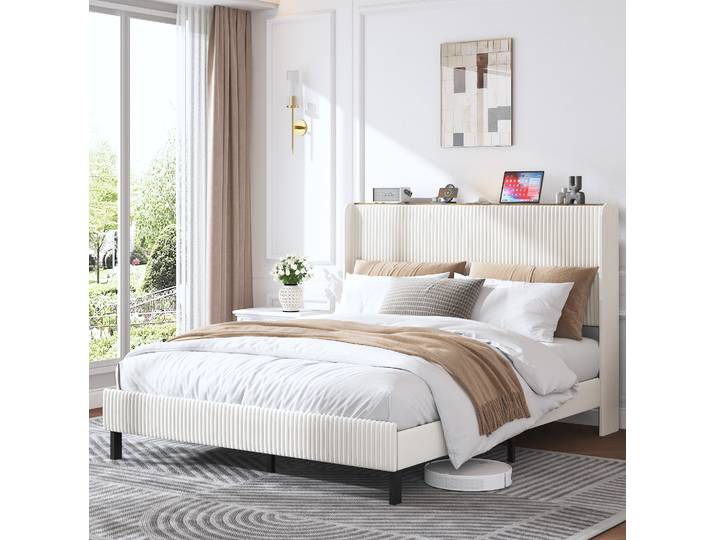 Lit Double Adulte 160x200 Cm Beige\, Tête De Lit Capitonnée\, Structure Métal\, Sans Matelas Meubliv