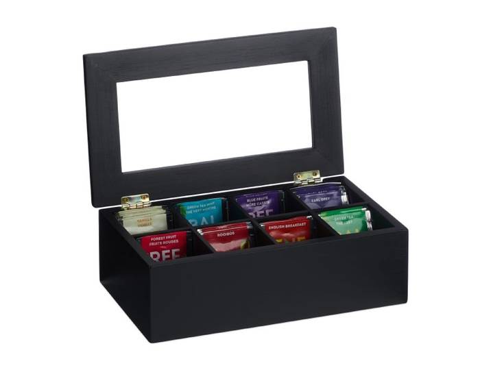 Relaxdays Schwarze Teebox mit 8 Fächern