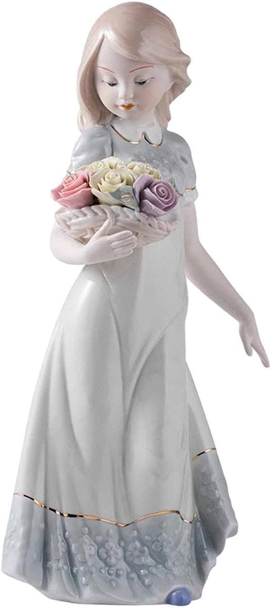 Keramisch Meisje Standbeeld met Bloemen - Meerkleurig Woondecoratie Beeldje