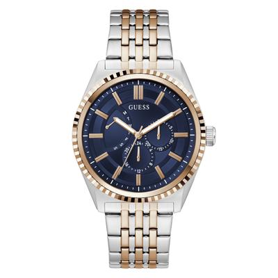 Multifunktionsuhr GUESS "CAMDEN", rosa (silbergoldfarben, blau), Armbanduhren, Herren, Quarzuhr, Armbanduhr, Herrenuhr, Edelstahlarmband, analog, Wochentag