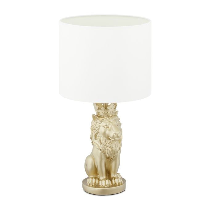 Relaxdays Tafellamp Leeuw met Stoffen Kap, Wit/Goud, Hoogte: 47,5 cm, Diameter: 25 cm