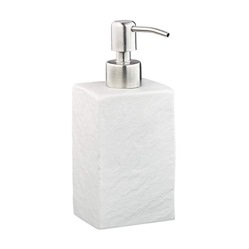 Relaxdays Zeeppompje wit steen design, 200 ml, navulbaar, roestvrij staal