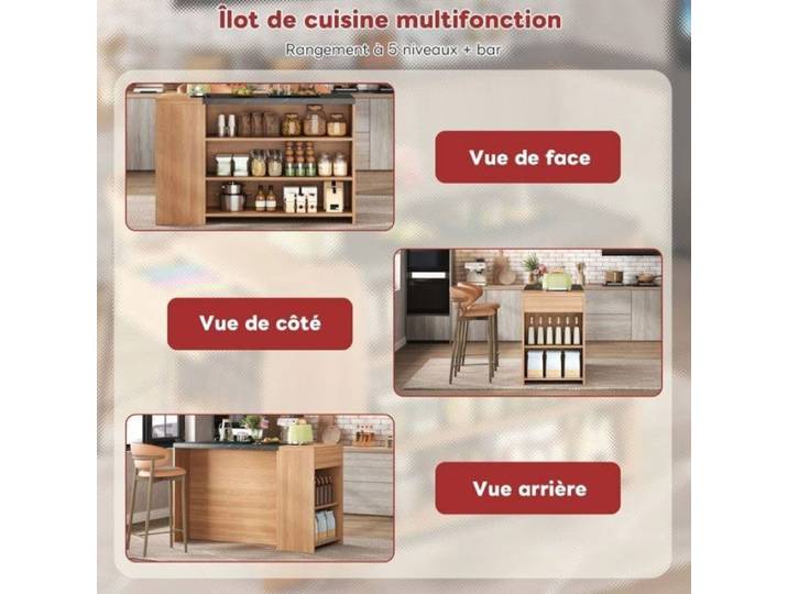 O.Ye- Meuble îlot cuisine bicolore élégant idéal pour manger et préparer multiples rangements et construction stable ILOT CENTRAL