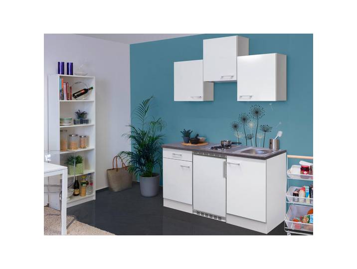 FlexWell Miniküche, Weiß, 1 Schublade(n),1 Schublade(n) Schubladen, einmalig seitenverkehrt montierbar, nur wie online abgebildet bestellbar, E, 150 cm, Made in Germany, links aufbaubar, rechts aufbaubar, Küchen, Miniküchen