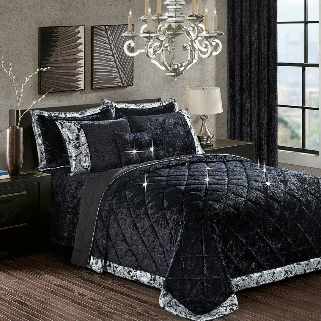 Mercer41 Santiago Crushed Velvet Bedspread Set Premium Soft Microfiber Reverse and Standard Pillow Shams Black 250 x 250cm Bedspread + 2 Shams