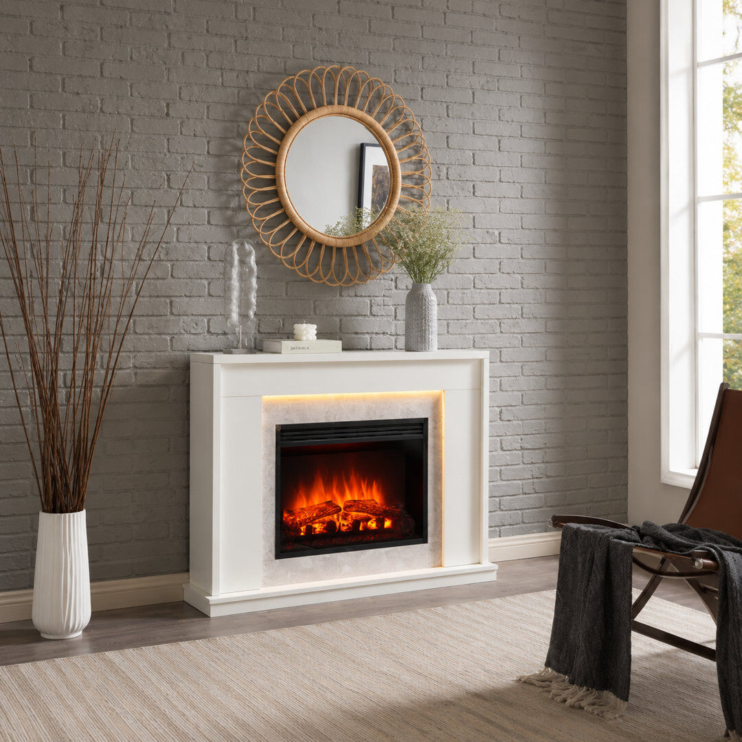 FLAMME 43" Electric Fire and Surround, Freestanding Suite, Ecula White White 82cm H X 108cm W X 23.5cm D