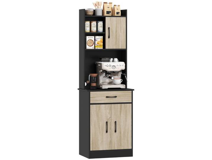 Buffet haut cuisine - bois naturel armoire de cuisine tiroir 3 portes étagères ouvertes plan de travail 60×40×180cm