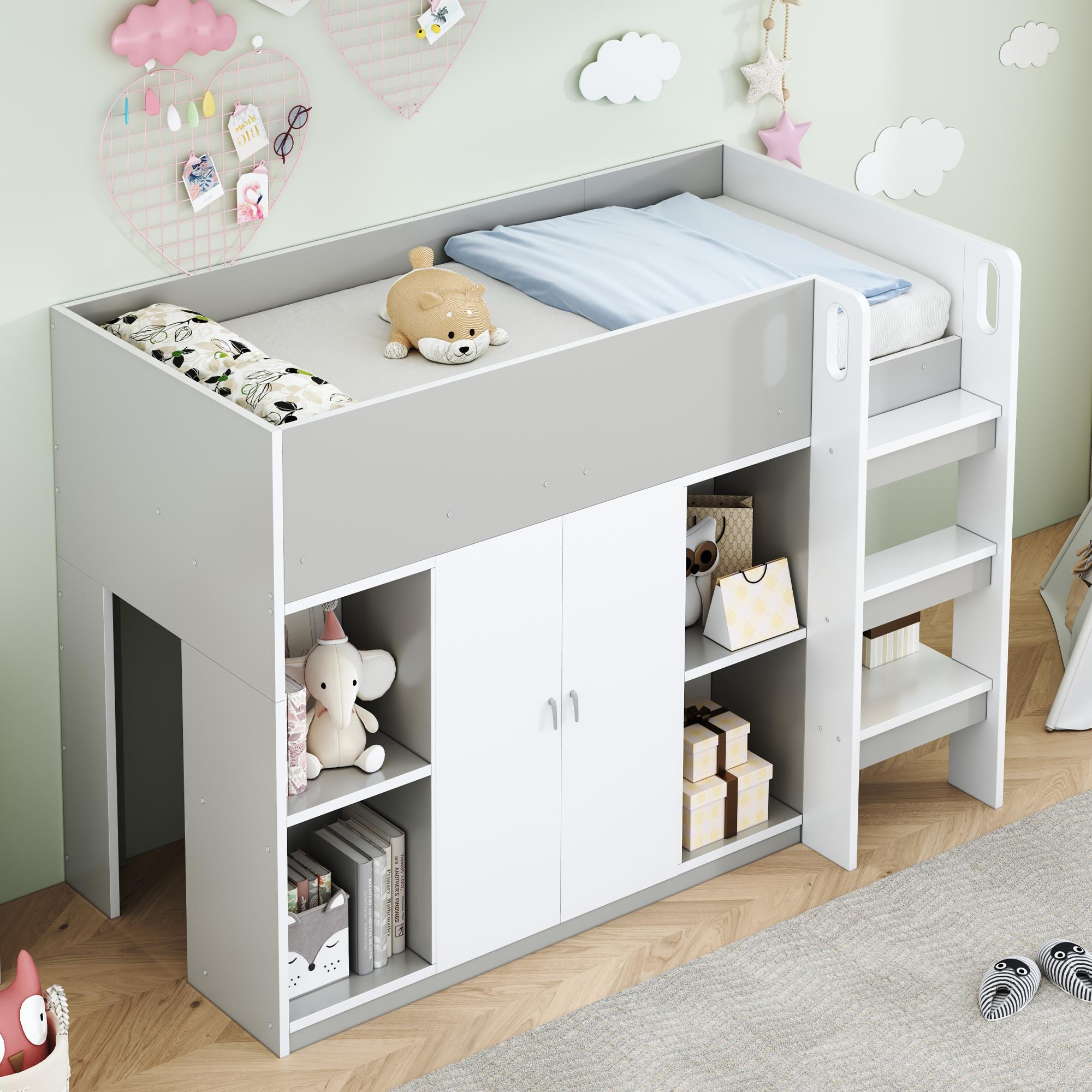 Sweiko Multifunktionales Hochbett 90x200 mit Stauraum , Schrank und Regalen - Kinderbett mit Leiter und stabiler Konstruktion Grau