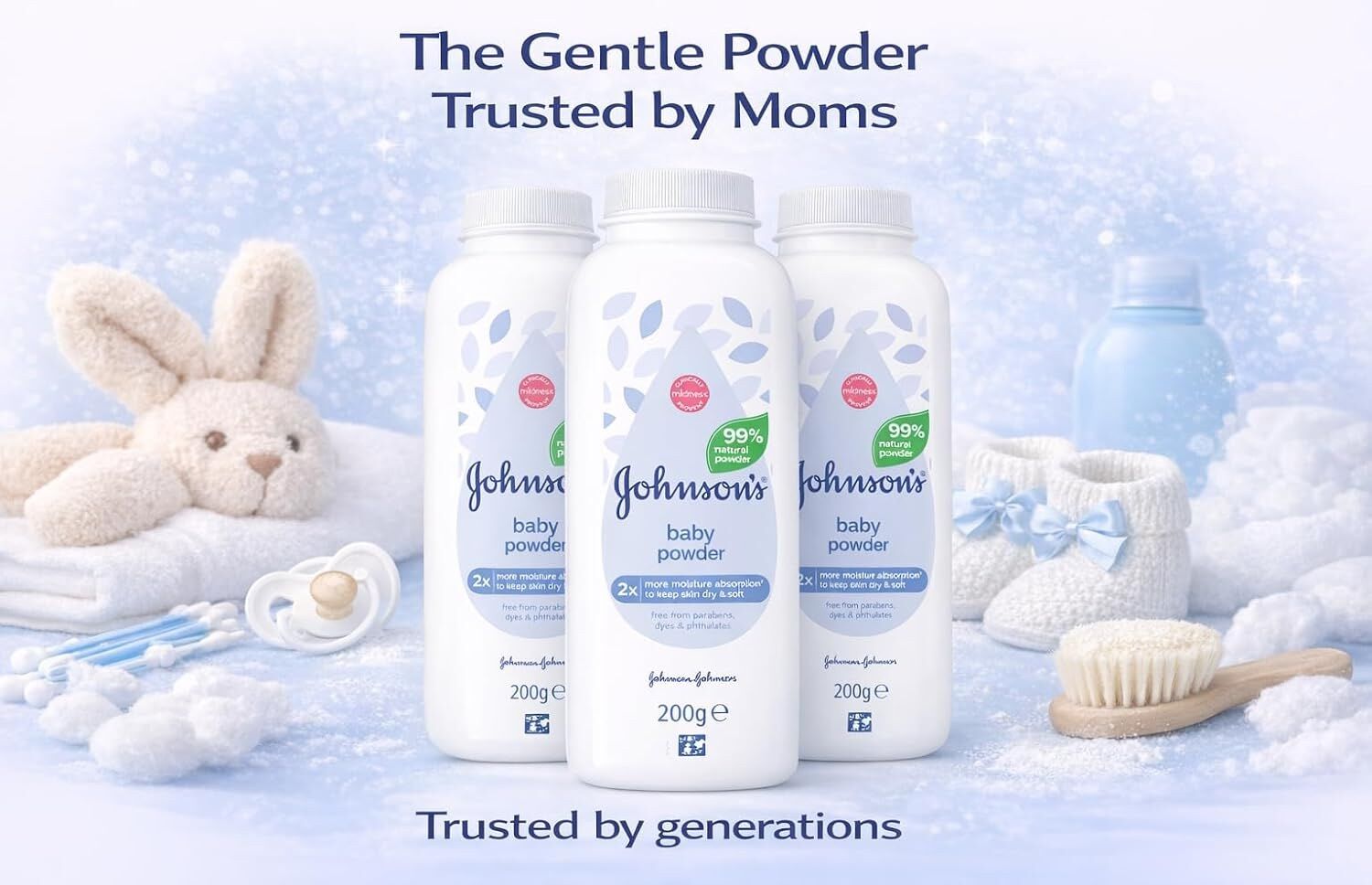Johnson's Baby Powder Natural Cornstarch, 200g (Pack of 3), 600g Total Multipack – Talc-Free, 99% Natural Powder, Clinically Proven Mildness for Delic