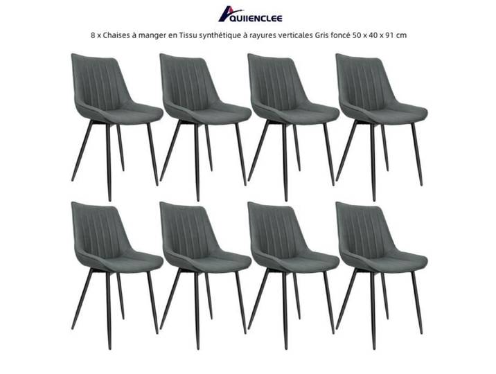 Chaises à manger en Tissu synthétique - QUIIENCLEE - Lot de 8 - Rayures verticales - Gris foncé